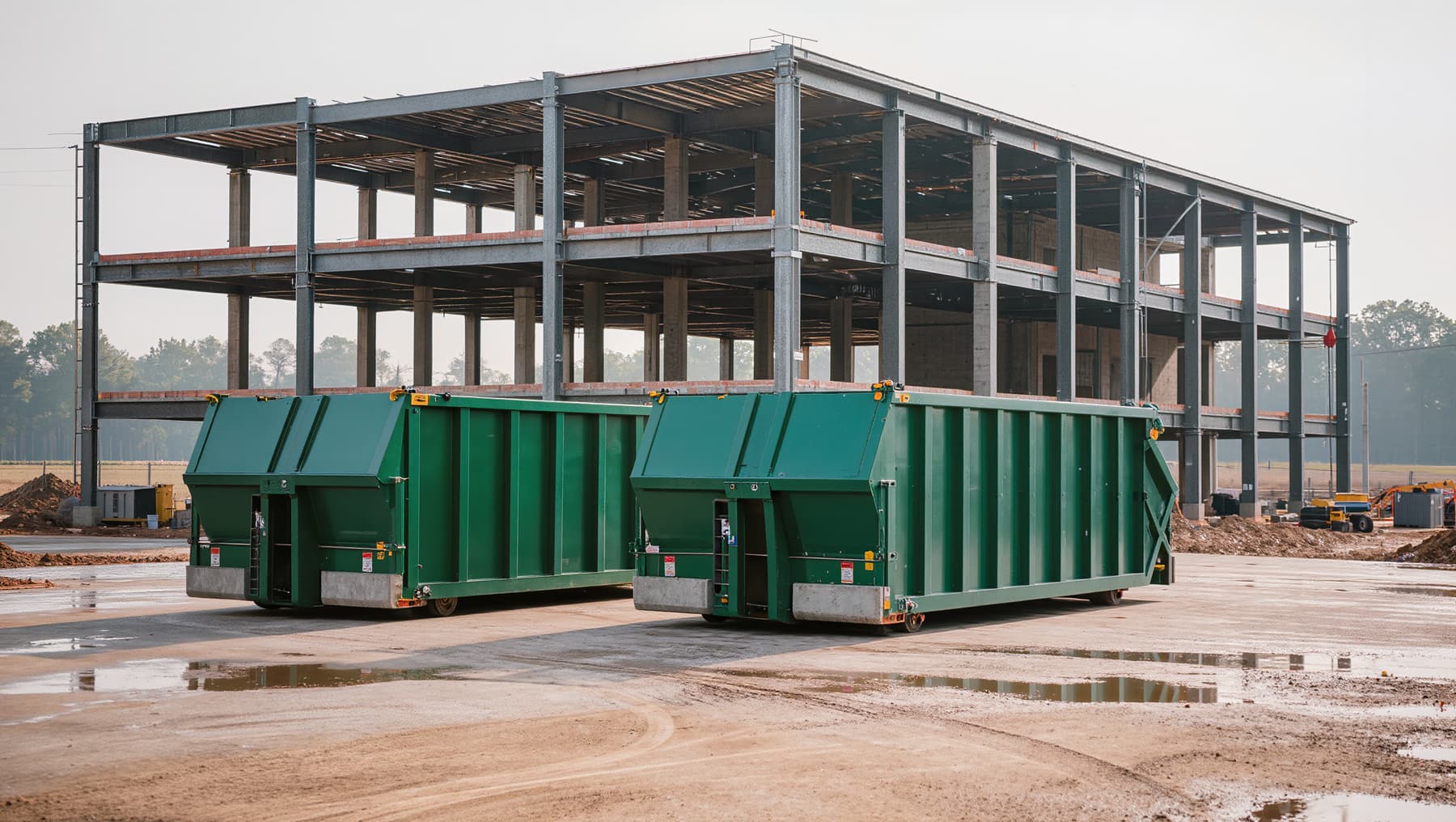 Two large roll-off dumpsters on a commercial construction site after rain