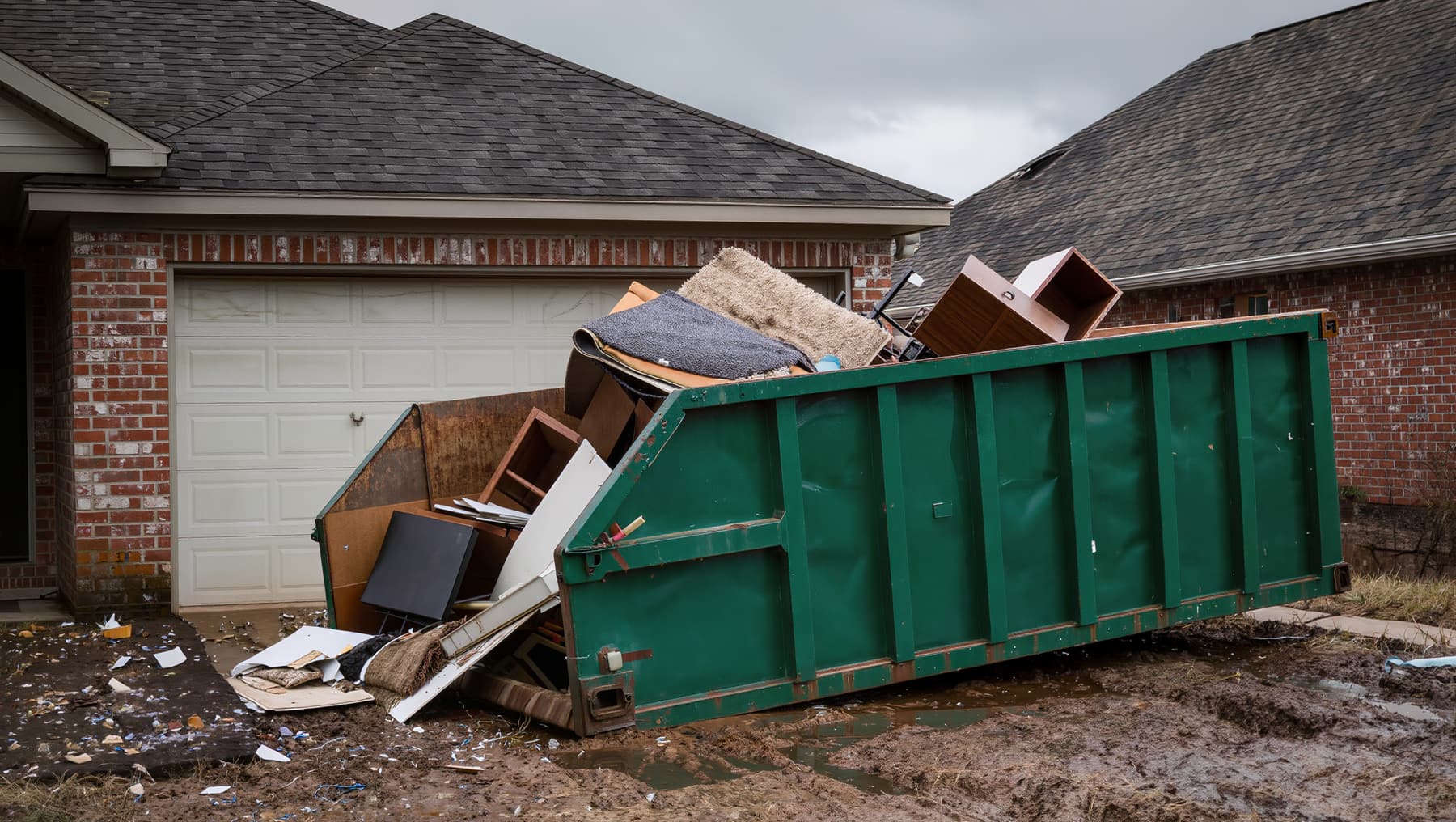 Dumpster loaded with wet carpet and drywall in front of a flooded brick home