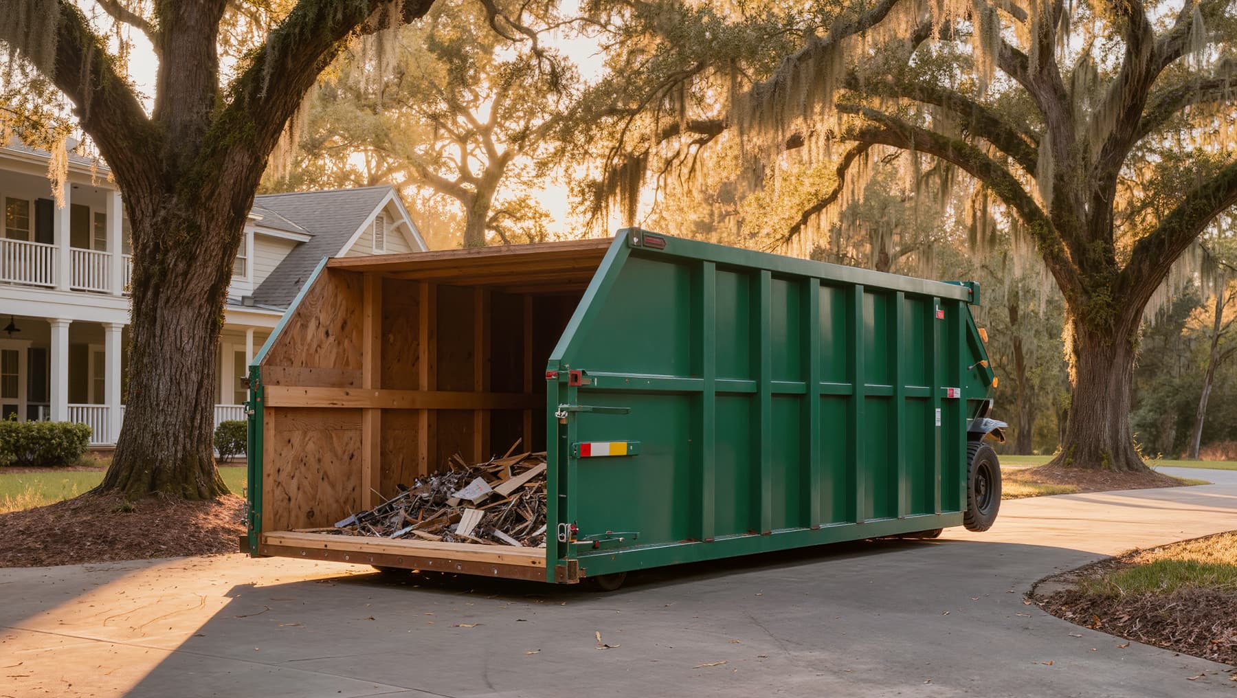 Roll-off dumpster in the driveway of a raised home under live oaks