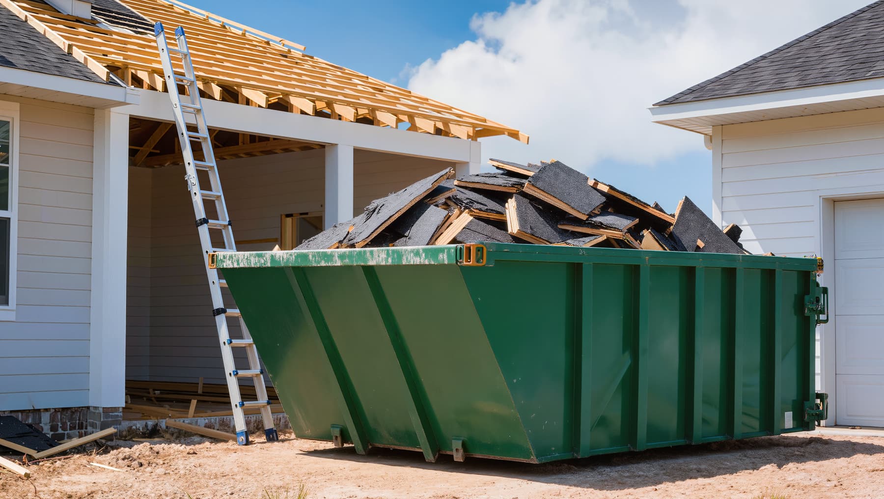 Roll-off dumpster full of torn-off shingles beside a house getting a new roof